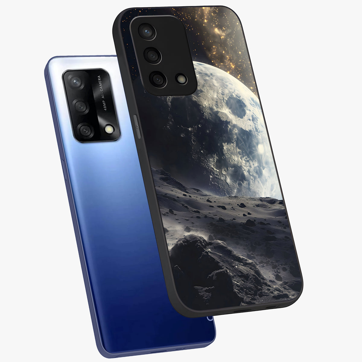 Lunar Horizon Glow Glass Case displayed in angled mockup highlighting celestial moon design with dreamy night aesthetic.