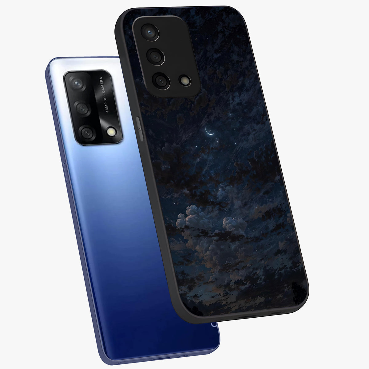 Lunar Veil Silence Glass Case displayed in angled mockup highlighting soft lunar design with peaceful celestial aesthetic.