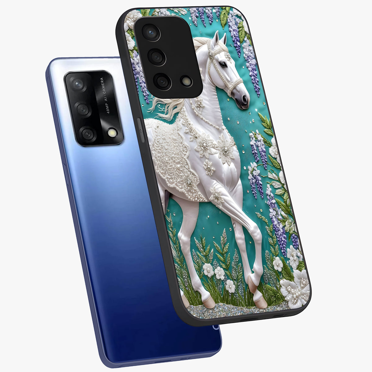 Majestic Floral Stallion Glass Case displayed in angled mockup highlighting majestic stallion illustration with elegant floral aesthetic.