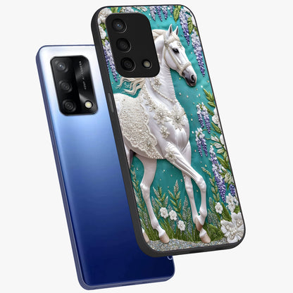Majestic Floral Stallion Glass Case displayed in angled mockup highlighting majestic stallion illustration with elegant floral aesthetic.