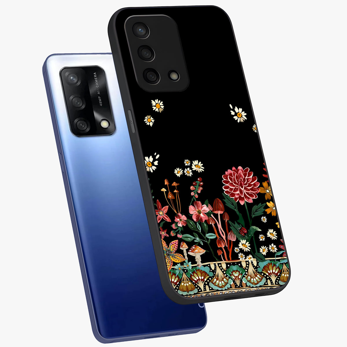 Midnight Bloom Pattern Glass Case displayed in angled mockup highlighting elegant flower design with midnight aesthetic style.
