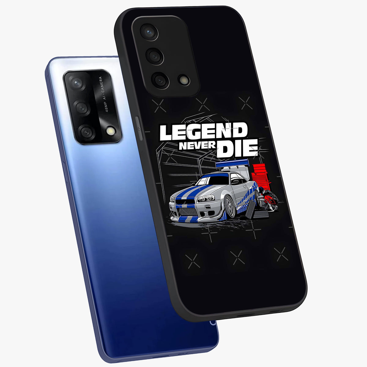 Midnight Racing Legacy Glass Case displayed in angled mockup highlighting dynamic automotive design with bold midnight aesthetic.