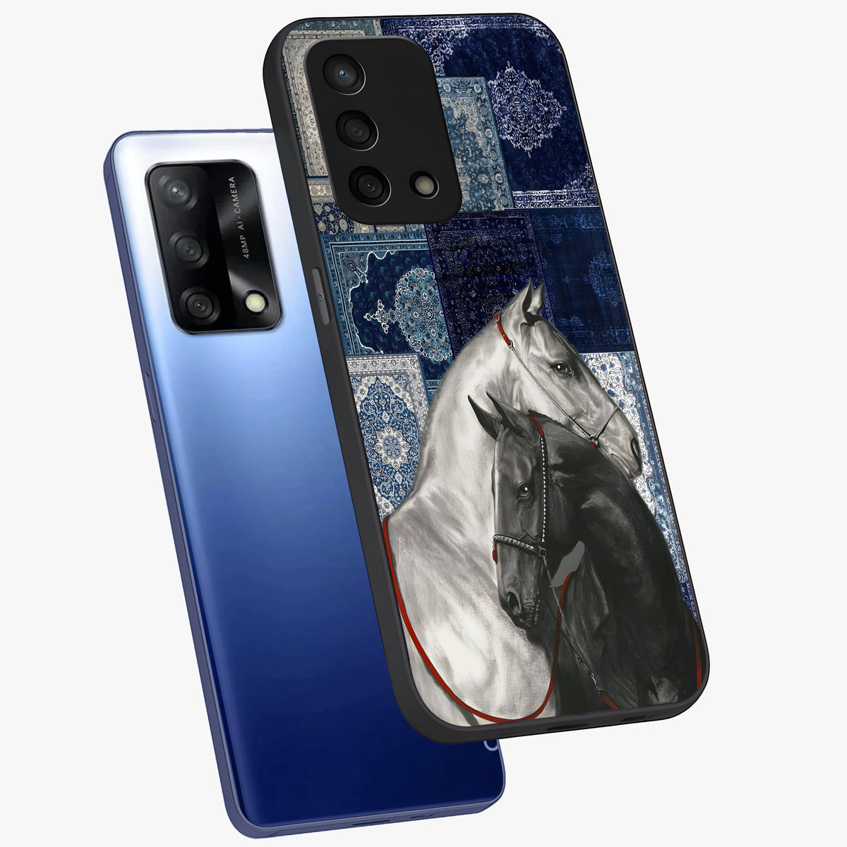 Midnight Stallion Blues Glass Case displayed in angled mockup highlighting powerful stallion illustration with deep midnight tones.