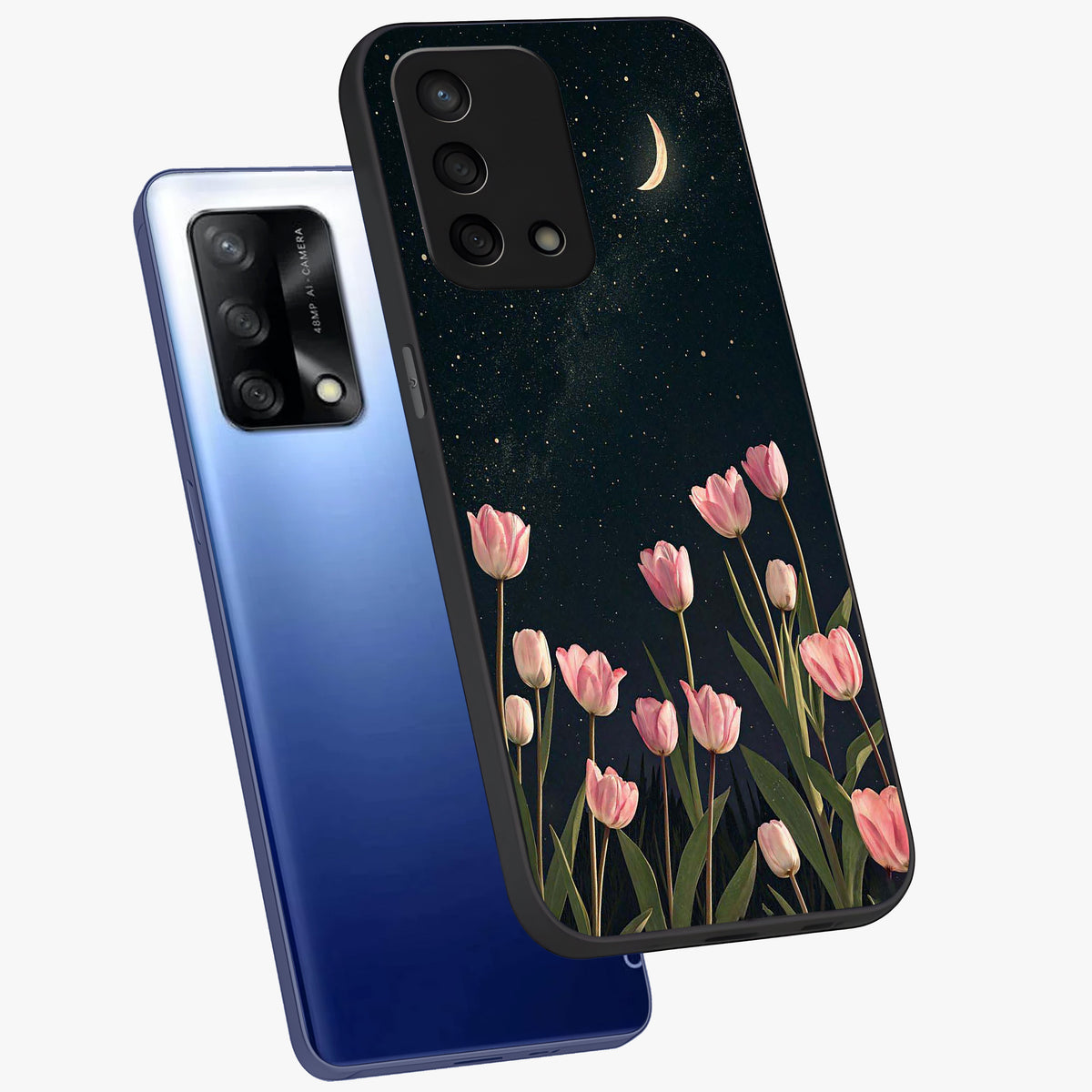 Midnight Tulip Whispers Vibe Glass Case displayed in angled mockup highlighting delicate tulip design with midnight floral aesthetic.