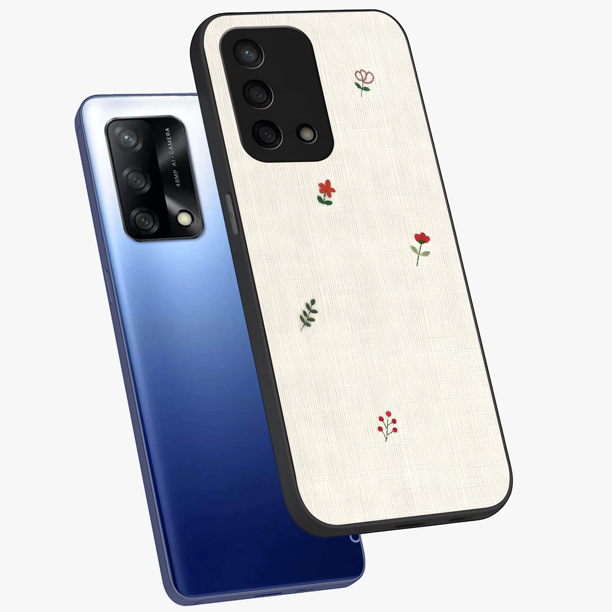 Minimalistic Blue With White Flower Pattern Glass Case displayed in angled mockup highlighting simple floral design with minimal aesthetic.