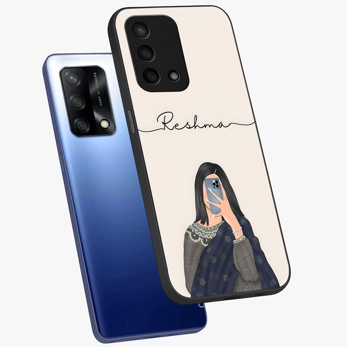 Mirror Mood Muse With Custom Name Glass Case displayed in angled mockup highlighting aesthetic mirror inspired design with custom name feature.