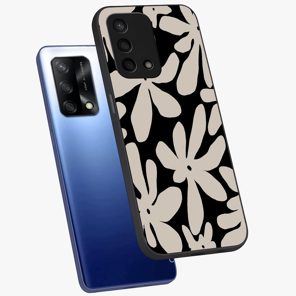 Monochrome Petal Dance Glass Case displayed in angled mockup highlighting elegant petal design with black and white aesthetic.