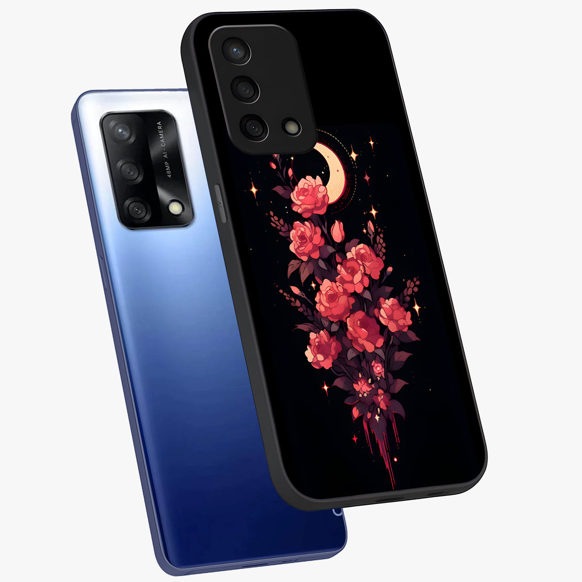Moonlit Floral Elegance Glass Case displayed in angled mockup highlighting graceful flower design with soft moonlight aesthetic.