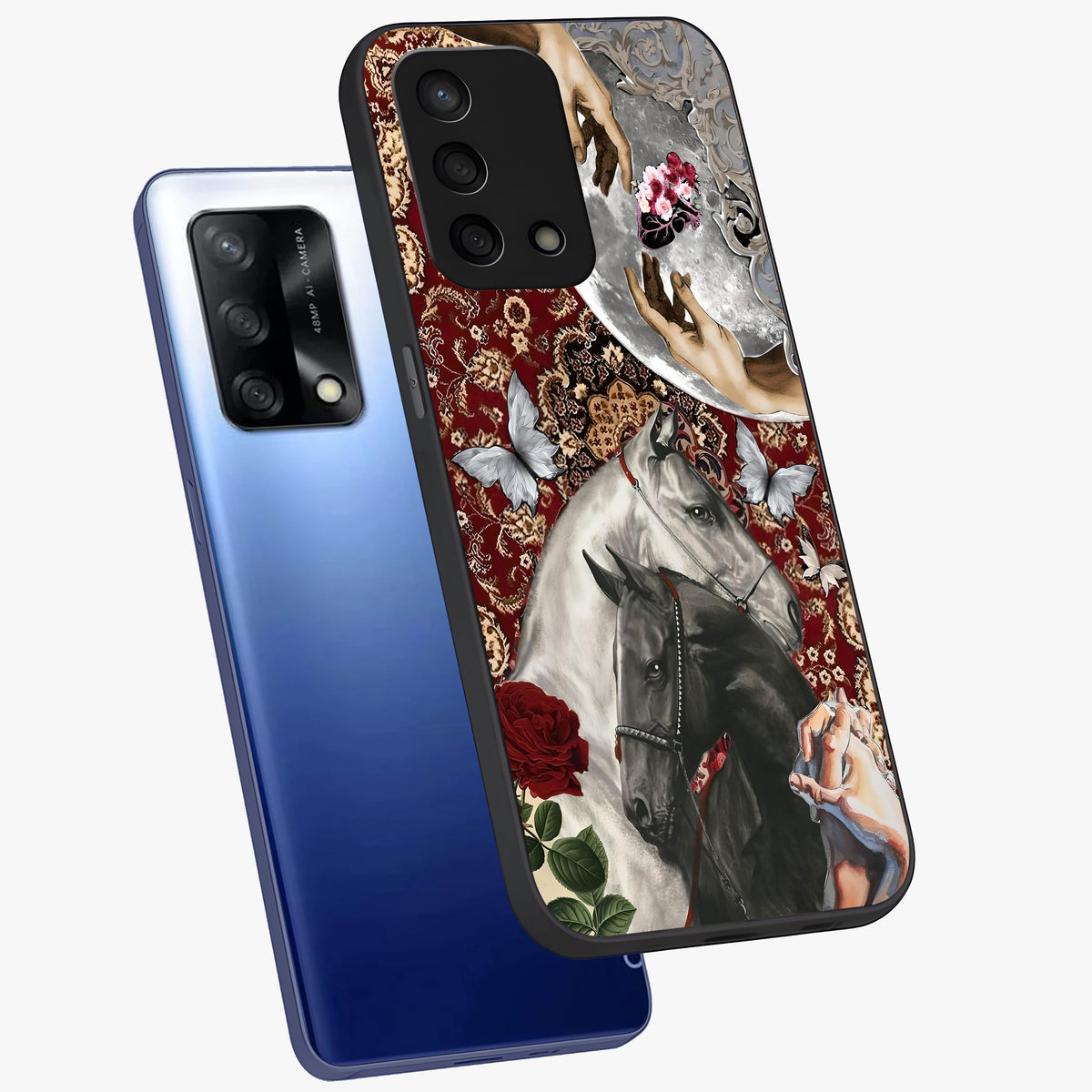 Moonlit Royal Stallion Glass Case displayed in angled mockup highlighting powerful stallion illustration with royal night aesthetic.