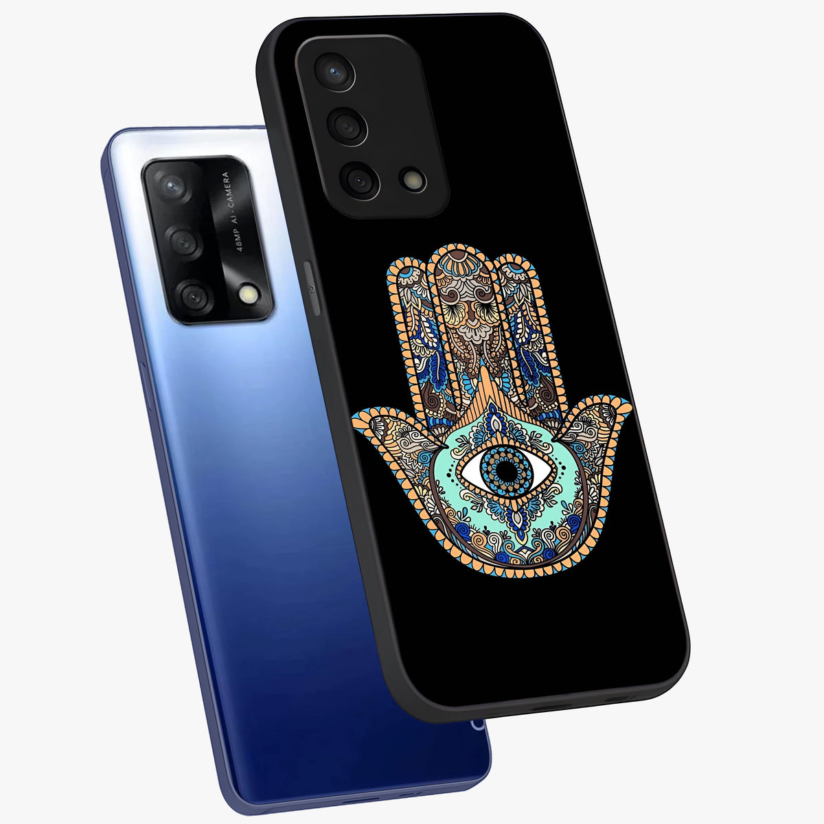 Mystic Hamsa Eye Glass Case displayed in angled mockup highlighting spiritual hamsa symbol with mystical aesthetic style.