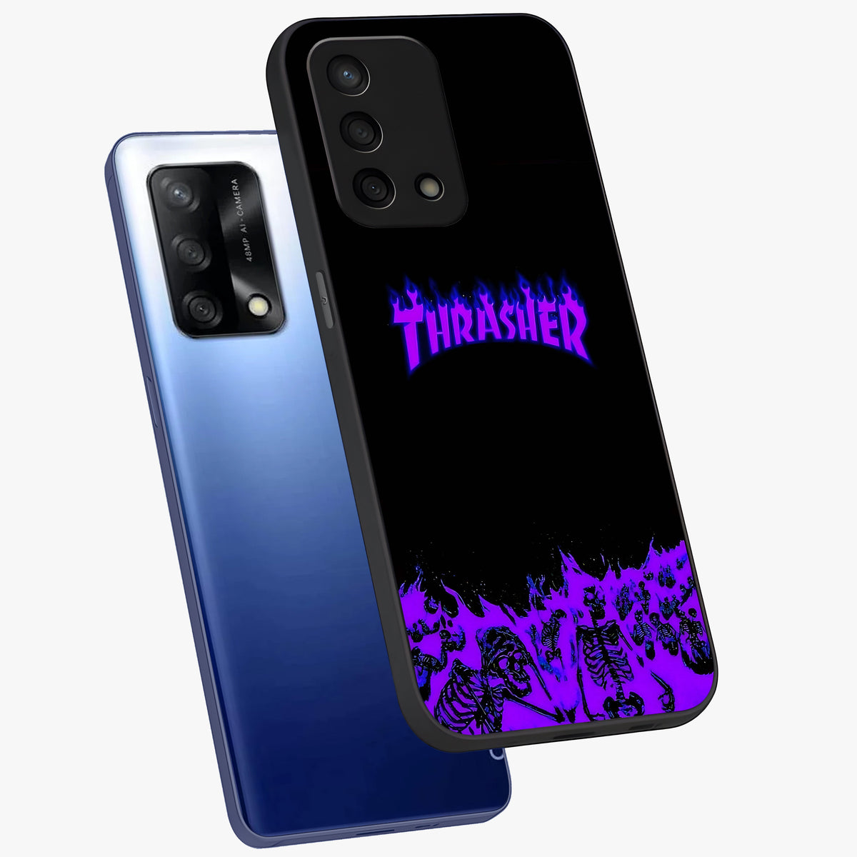 Neon Flame Riot Glass Case displayed in angled mockup highlighting glowing flame design with vibrant neon aesthetic.