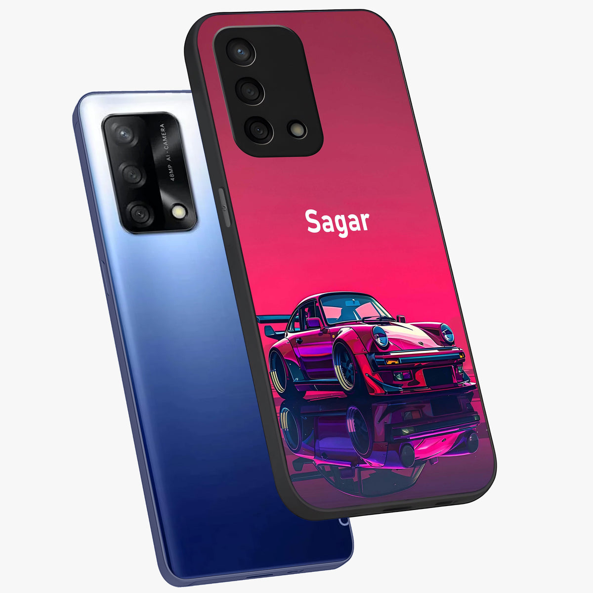 Neon Pink Porsche Glass Case displayed in angled mockup highlighting sleek neon pink car design with racing aesthetic.