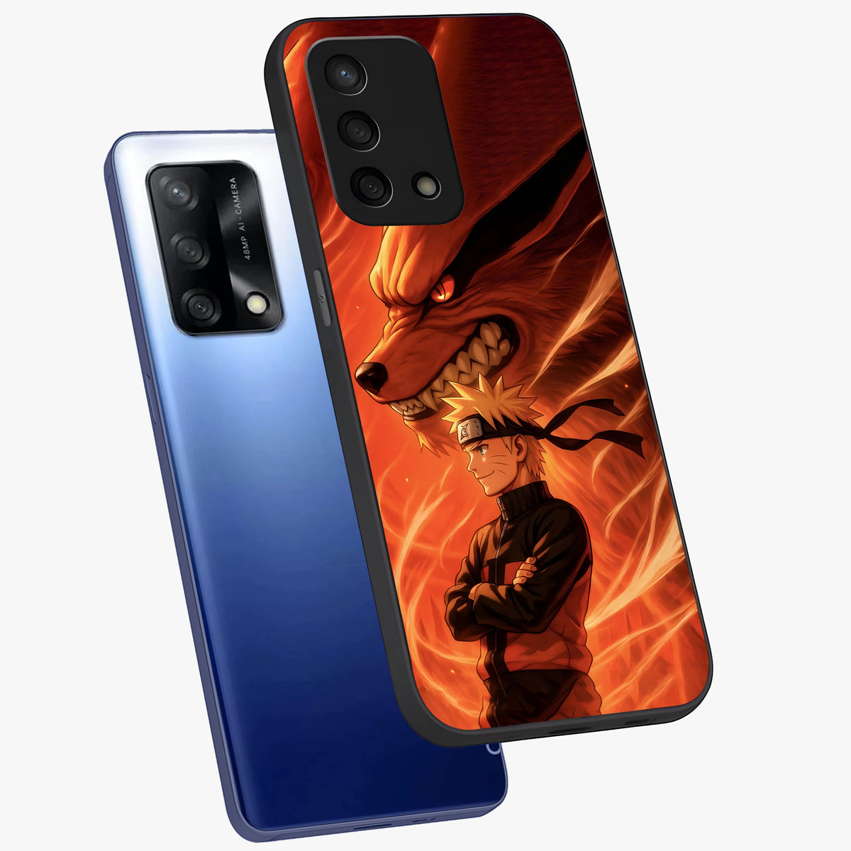 Nine Tails Legacy Glass Case displayed in angled mockup highlighting dynamic anime beast illustration with bold mystical aesthetic.
