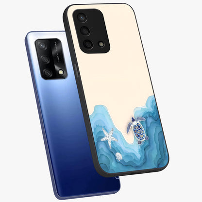 Ocean Drift Turtle Glass Case displayed in angled mockup highlighting peaceful ocean turtle illustration with marine aesthetic.