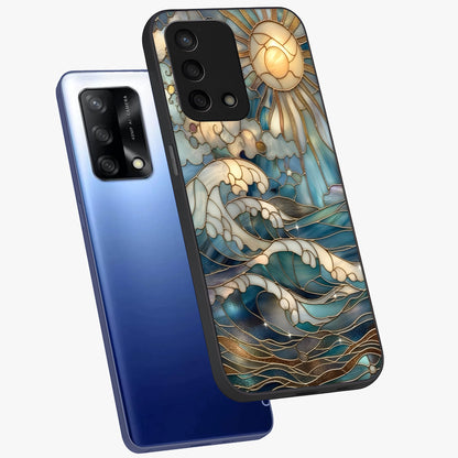 Oceanic Stained Printed Glass Case displayed in angled mockup highlighting colorful aquatic design with artistic aesthetic style.