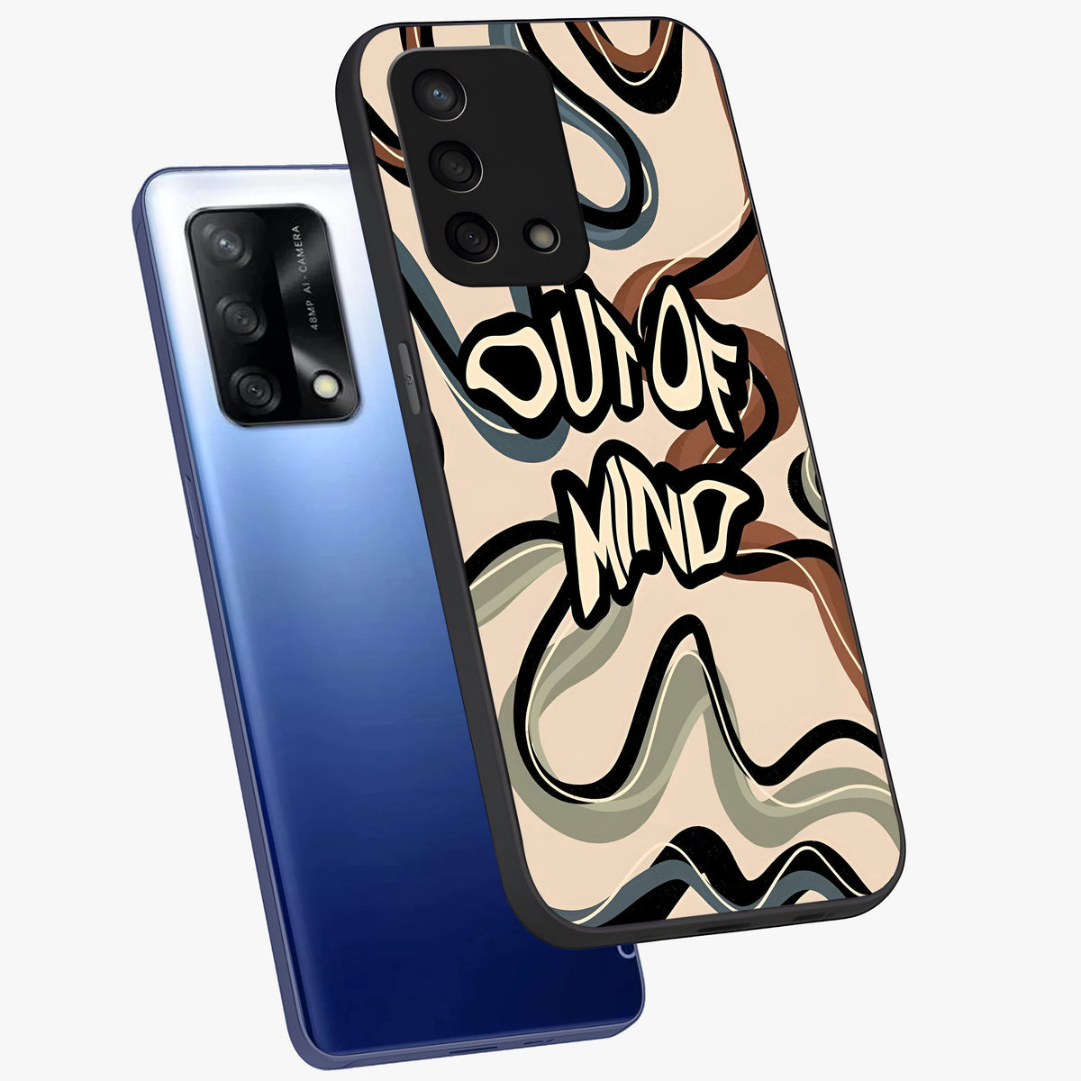 Out Of Mind Glass Case displayed in angled mockup highlighting bold statement design with modern artistic aesthetic.