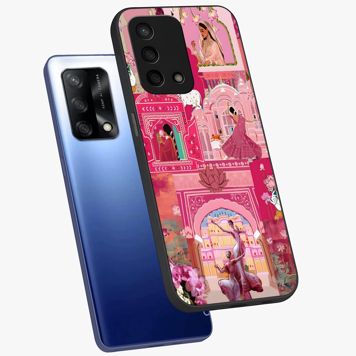 Pink Palace Muse Glass Case displayed in angled mockup highlighting dreamy palace illustration with soft pink aesthetic.