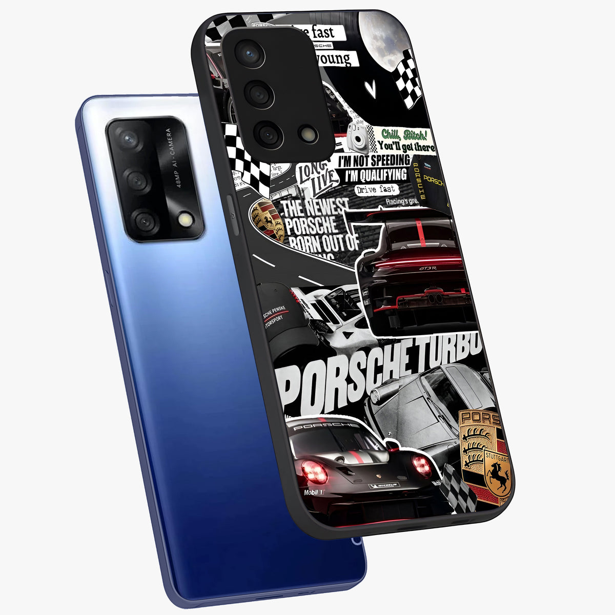 Porsche Racing Collage Glass Case displayed in angled mockup highlighting dynamic automotive design with bold racing aesthetic.