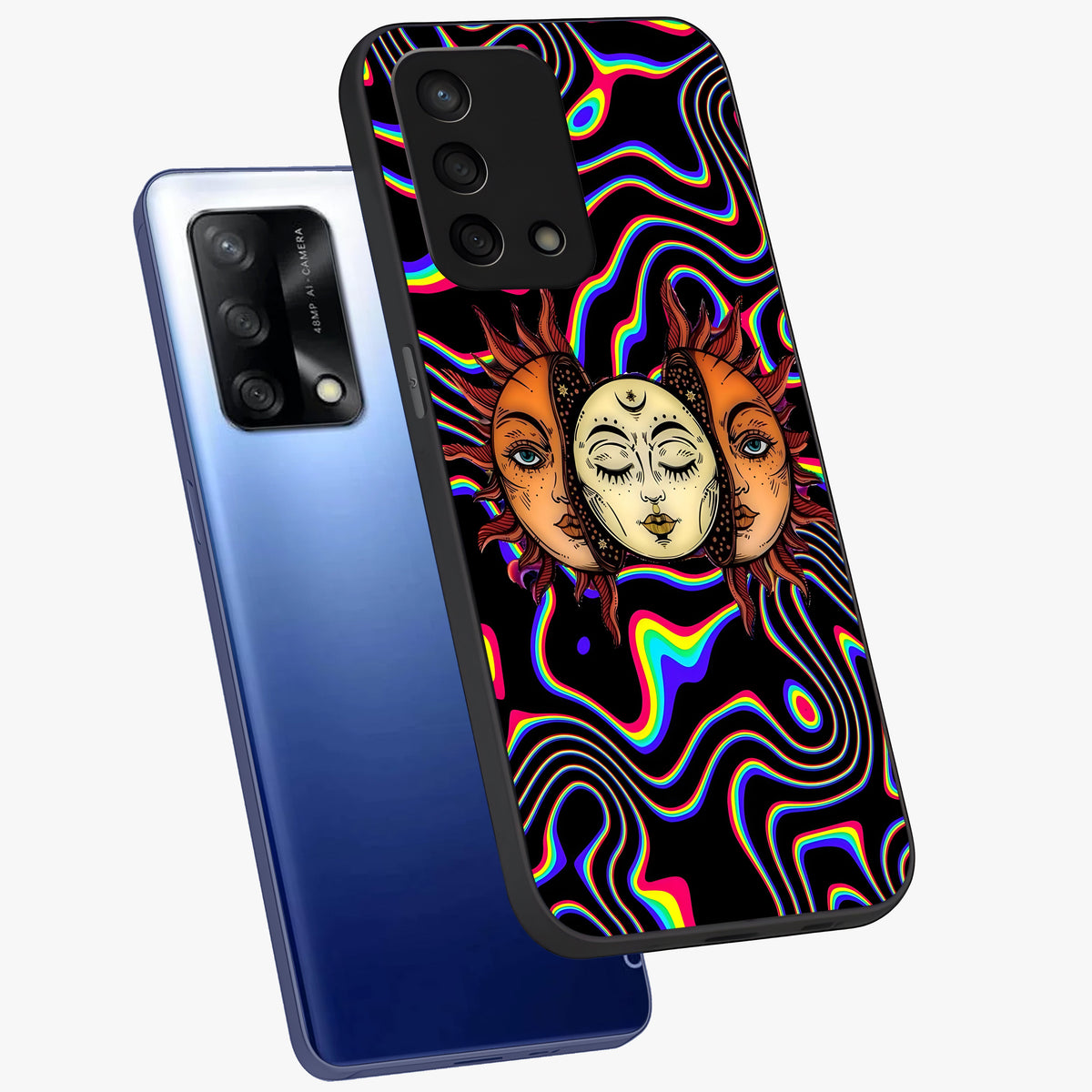 Psychedelic Sun Glass Case displayed in angled mockup highlighting vibrant abstract sun design with artistic aesthetic style.