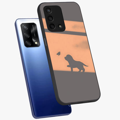 Puppy Shadow Art Glass Case displayed in angled mockup highlighting playful dog illustration with artistic shadow aesthetic.