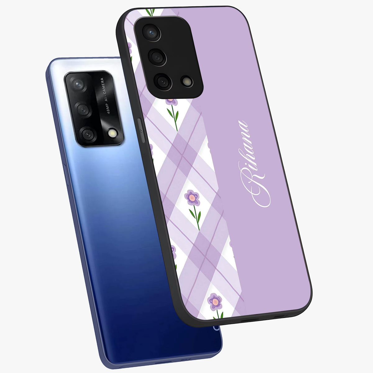 Purple Diamond Floral Glass Case displayed in angled mockup highlighting elegant purple flower design with decorative pattern.
