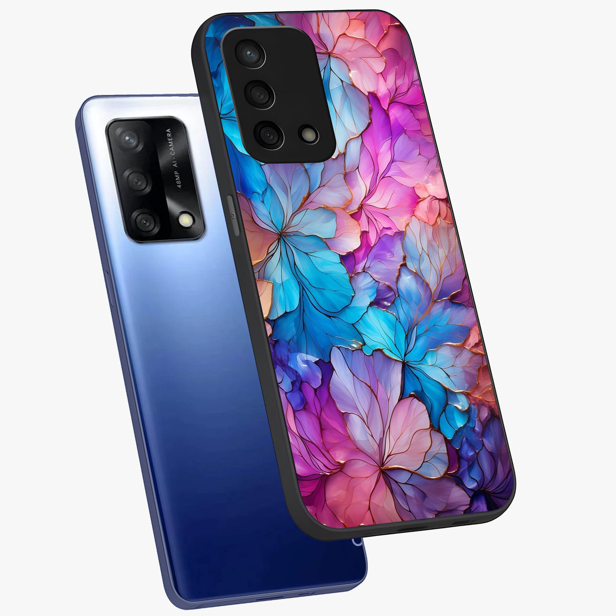 Radiant Floral Whirl Glass Case displayed in angled mockup highlighting vibrant flower pattern with dynamic artistic aesthetic.