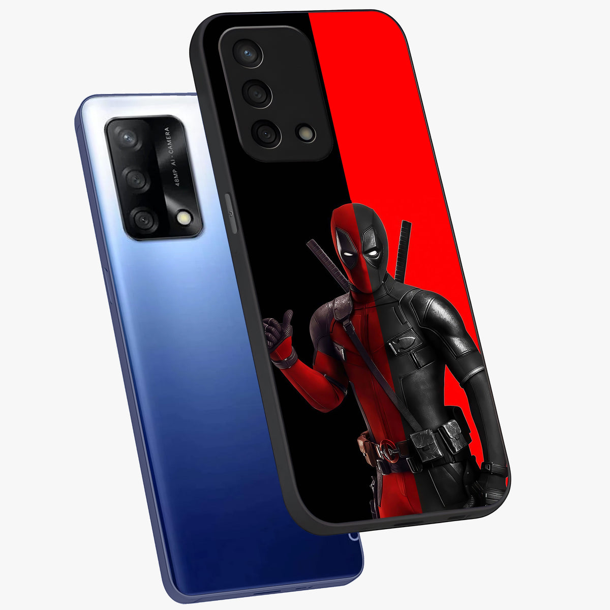 Red & Black Deadpool Theme Glass Case displayed in angled mockup highlighting vibrant superhero style illustration with action aesthetic.