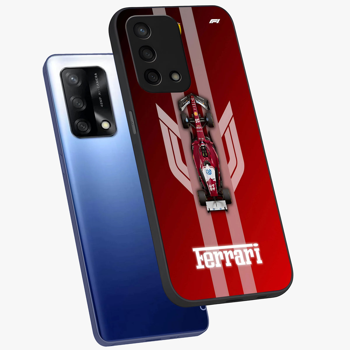 Red Ferrari F1 Vertical Glass Case displayed in angled mockup highlighting high speed racing design with bold automotive aesthetic.