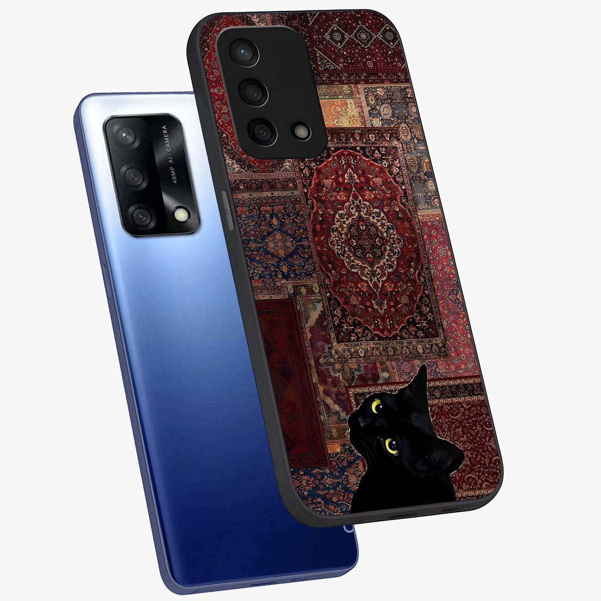 Regal Magic Cat Apple Glass Case displayed in angled mockup highlighting whimsical feline design with fantasy aesthetic.