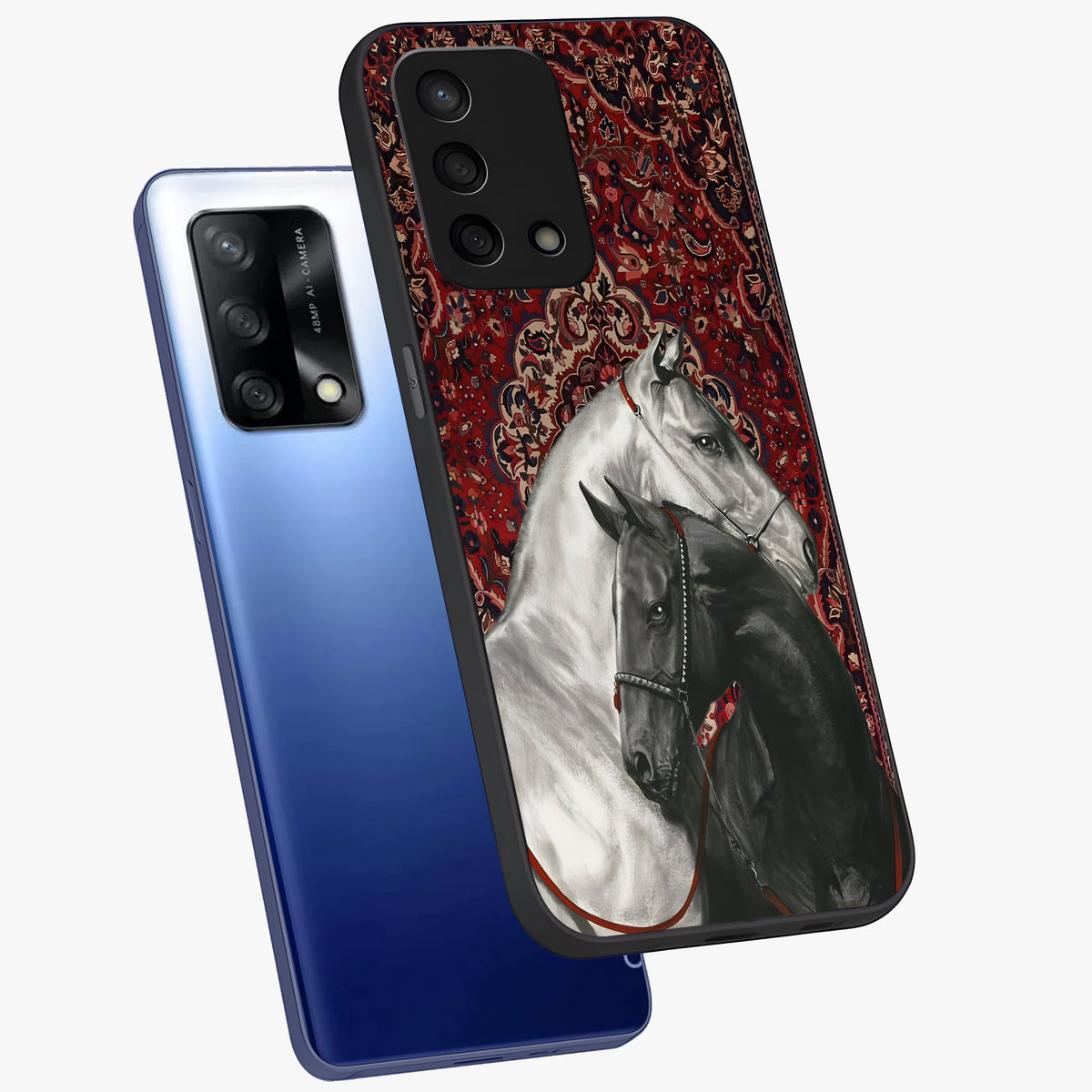 Regal Stallion Tapestry Glass Case displayed in angled mockup highlighting royal stallion design with decorative heritage aesthetic.
