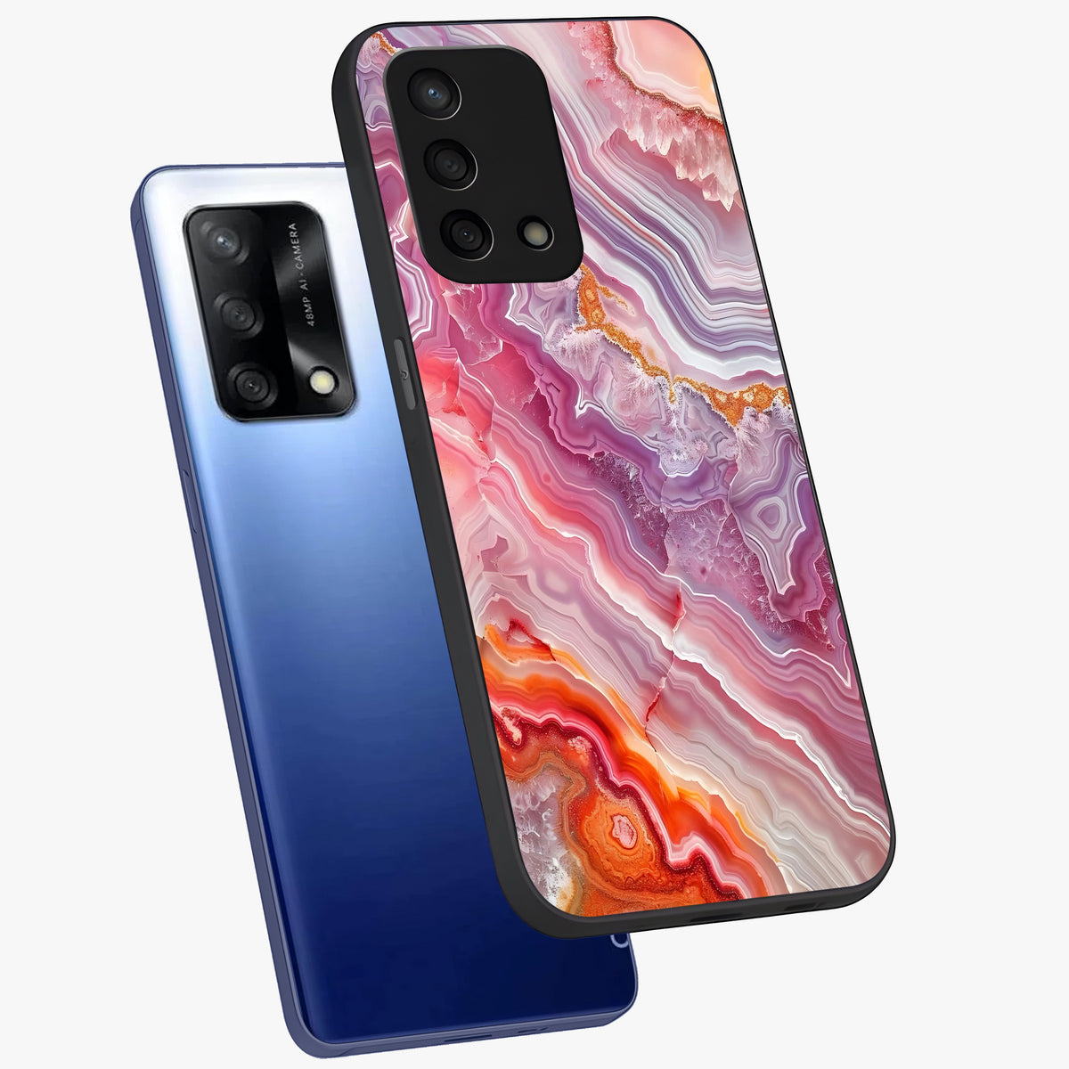 Rose Quartz Marble Glass Case displayed in angled mockup highlighting elegant marble pattern with soft aesthetic style.