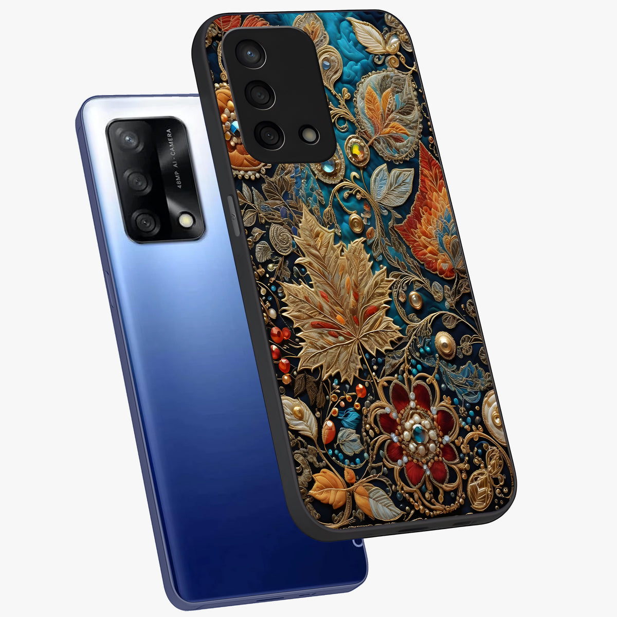 Royal Jewel Garden Glass Case displayed in angled mockup highlighting vibrant jewel inspired floral design with elegant aesthetic.