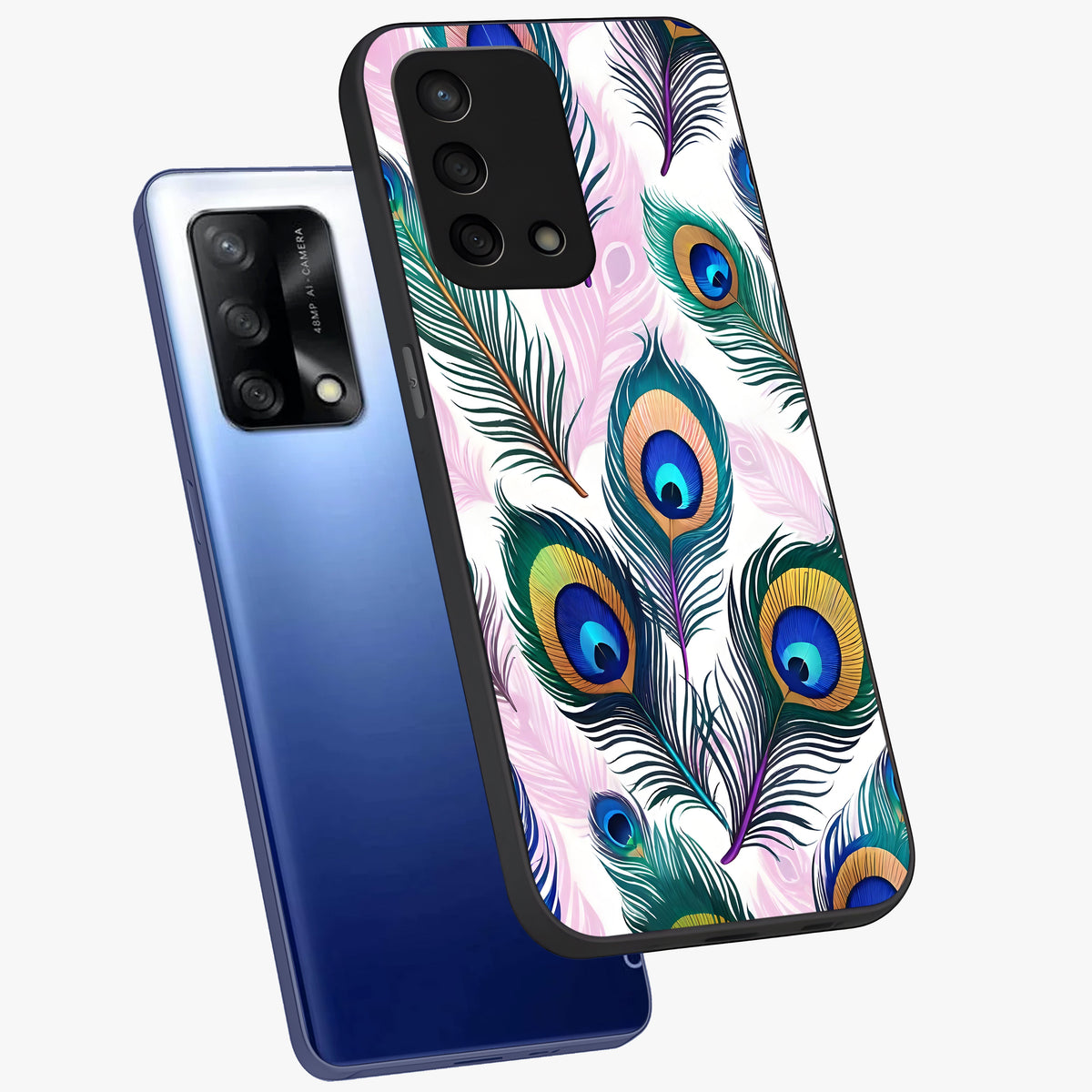 Royal Peacock Feathers Glass Case displayed in angled mockup highlighting vibrant feather pattern with regal aesthetic style.