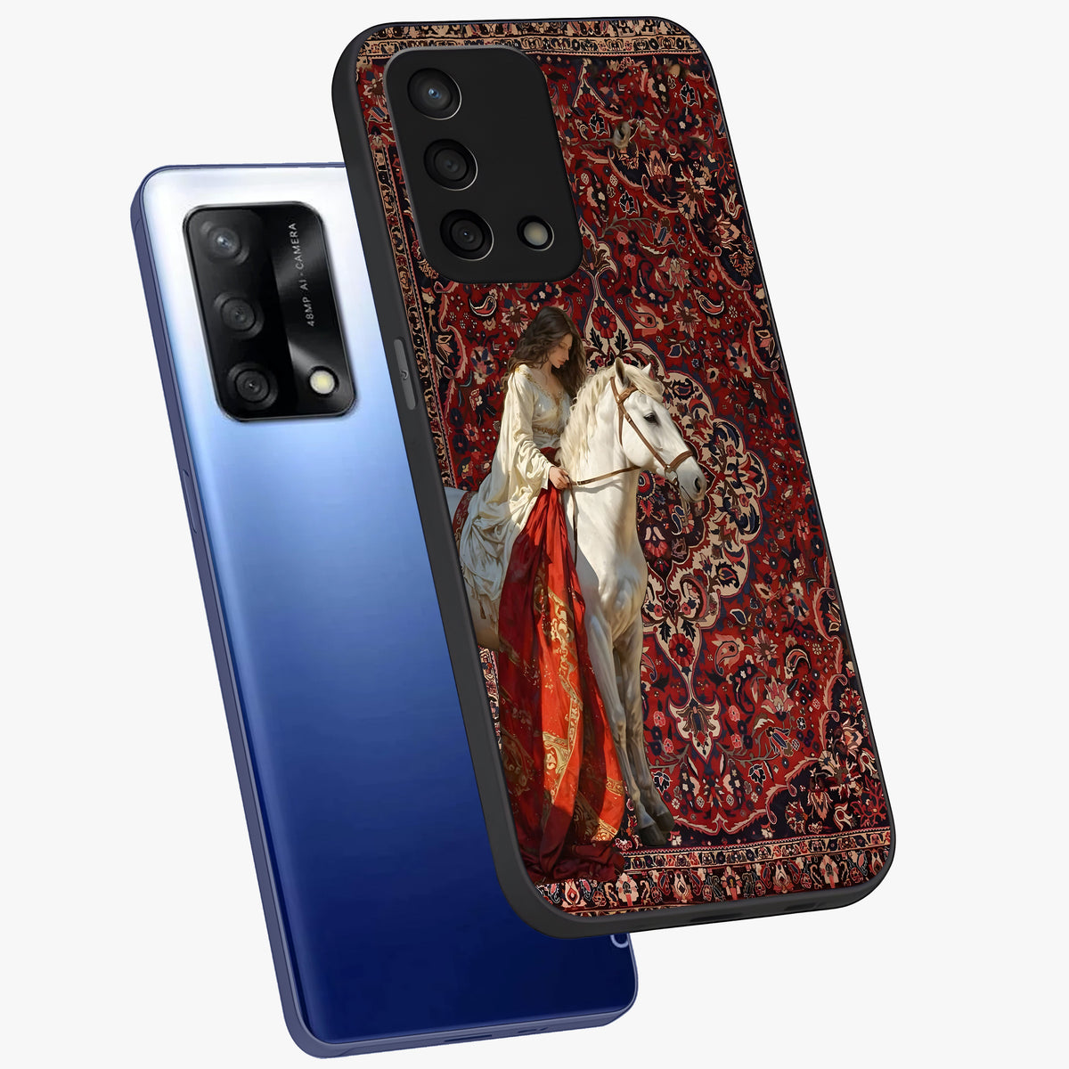Royal Rider Tapestry Glass Case displayed in angled mockup highlighting traditional tapestry design with royal heritage aesthetic.