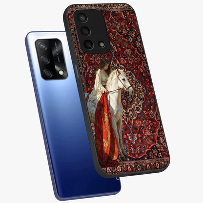 Royal Rider Tapestry Glass Case displayed in angled mockup highlighting traditional tapestry design with royal heritage aesthetic.
