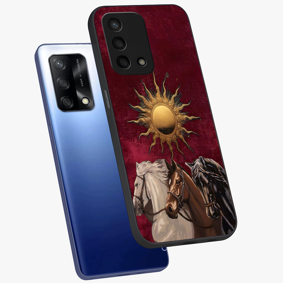 Solar Riders Glass Case displayed in angled mockup highlighting powerful rider illustration with radiant solar aesthetic.