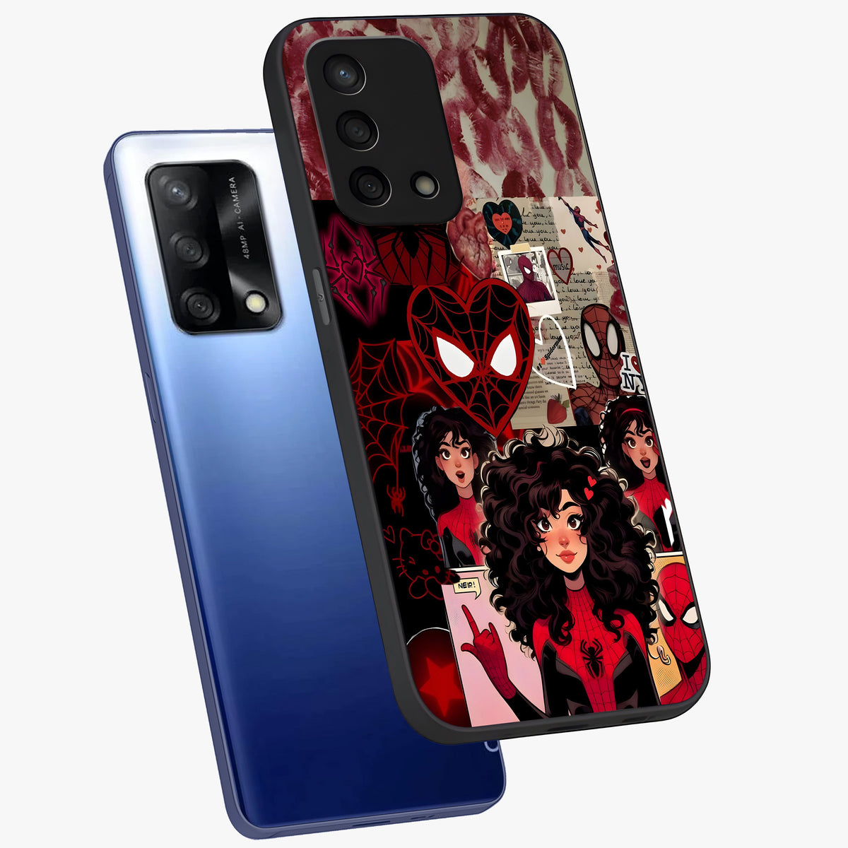 Spider Love Story Glass Case displayed in angled mockup highlighting expressive comic inspired design with playful aesthetic.