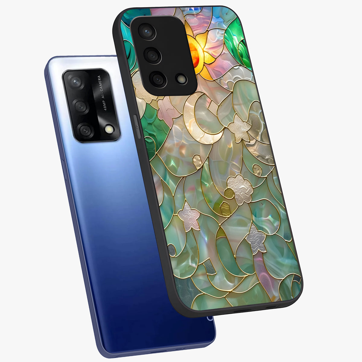Stained Sunrise Glow Glass Case displayed in angled mockup highlighting radiant sunrise design with artistic aesthetic style.