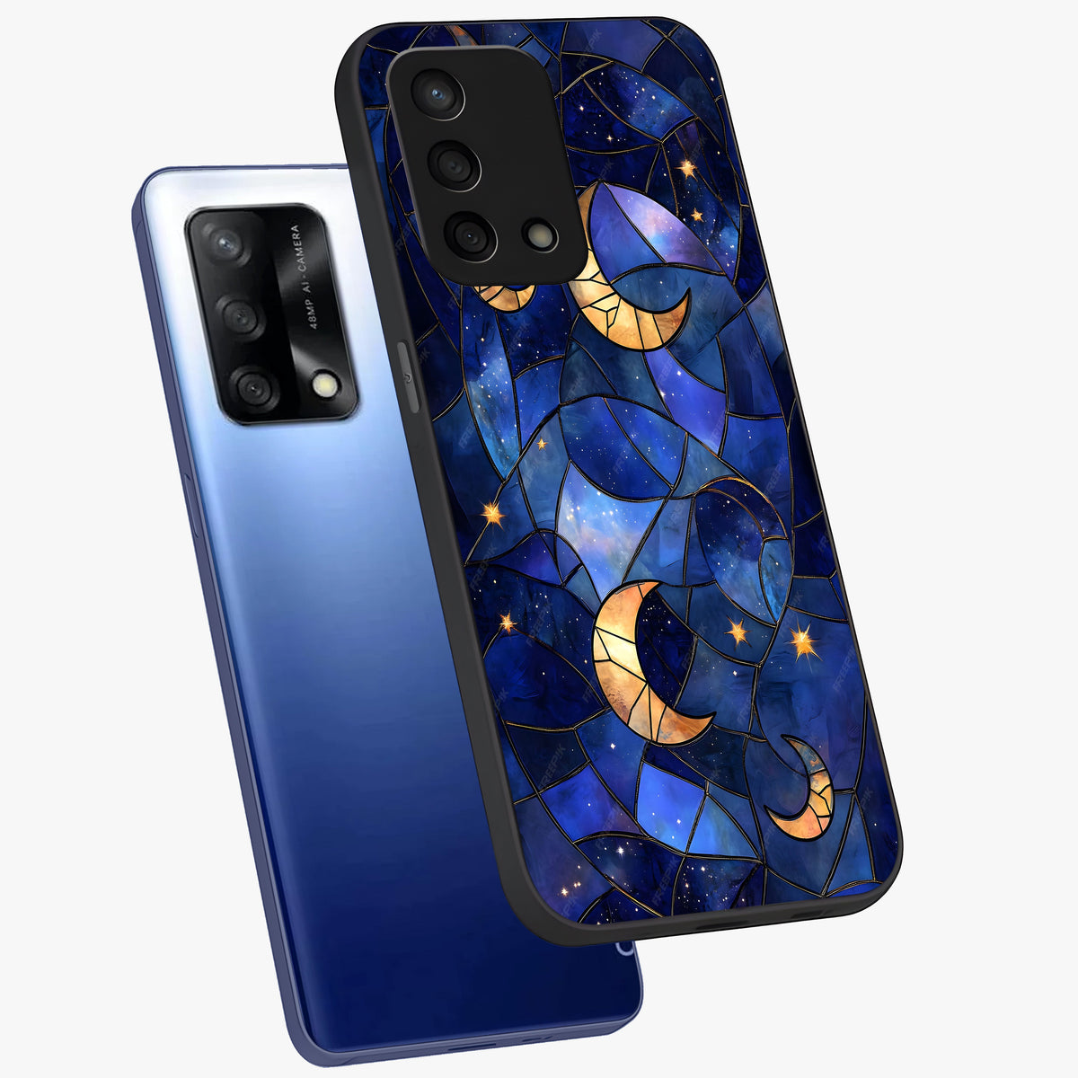 Starlit Sky Tapestry Glass Case displayed in angled mockup highlighting celestial night pattern with artistic aesthetic style.