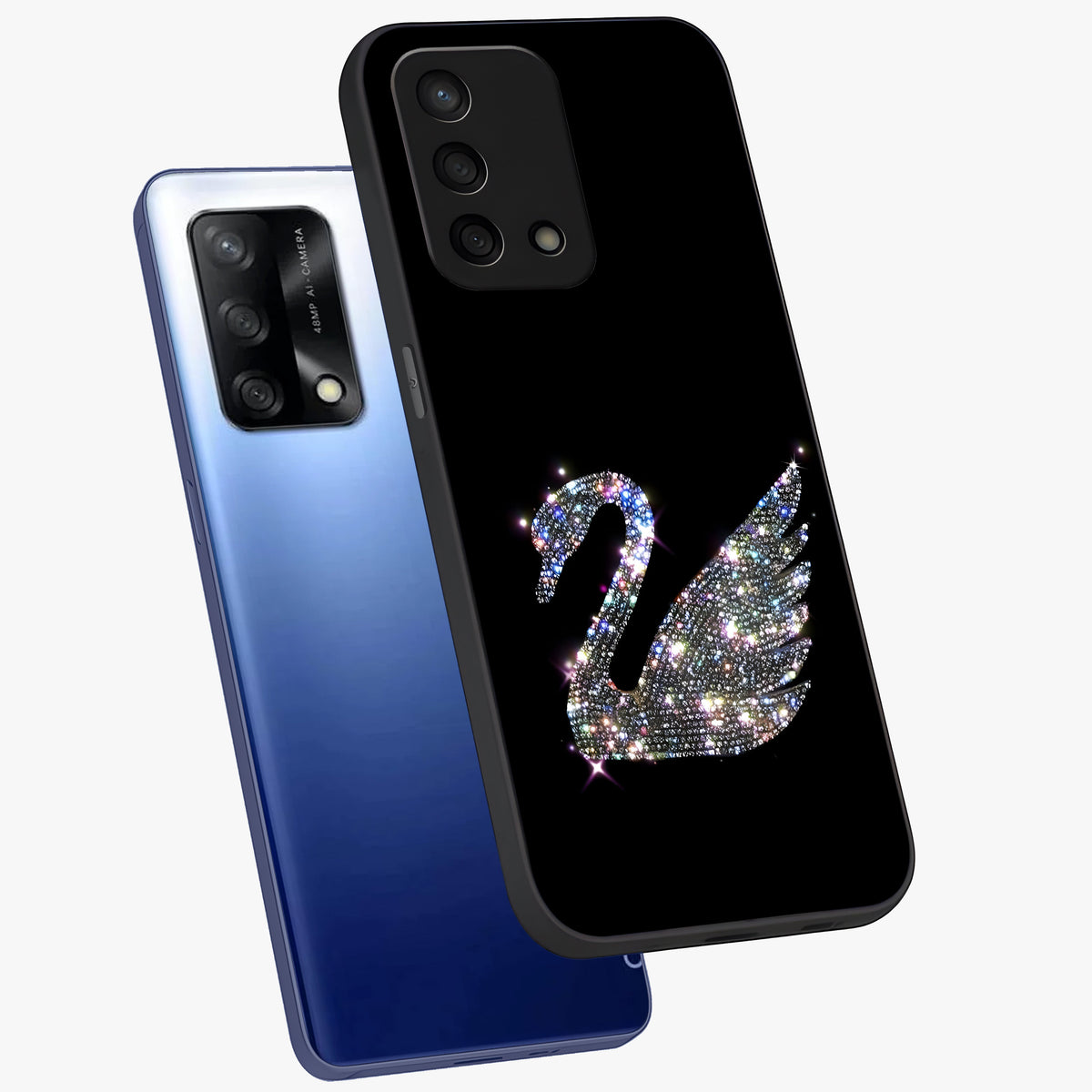 Starlit Swan Grace Glass Case displayed in angled mockup highlighting elegant swan illustration with dreamy celestial aesthetic.