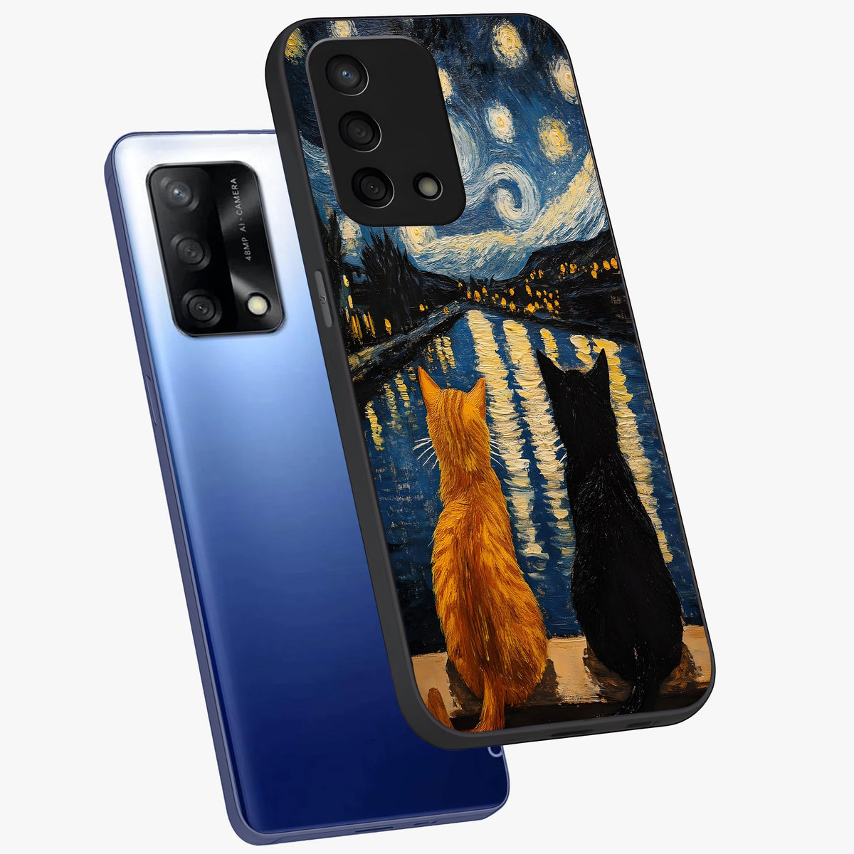 Starry River Cats Glass Case displayed in angled mockup highlighting charming feline illustration with dreamy night aesthetic.