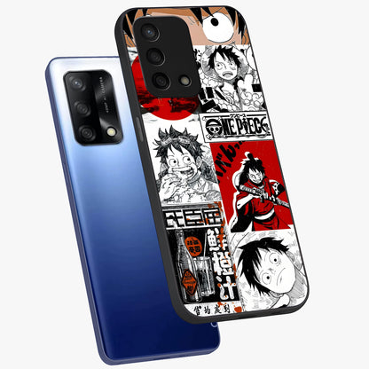 Strawhat Chaos Panels Glass Case displayed in angled mockup highlighting vibrant anime collage design with action aesthetic.