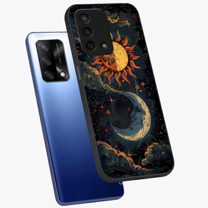 Sun And Moon Magic Design Glass Case displayed in angled mockup highlighting celestial design with magical cosmic aesthetic.