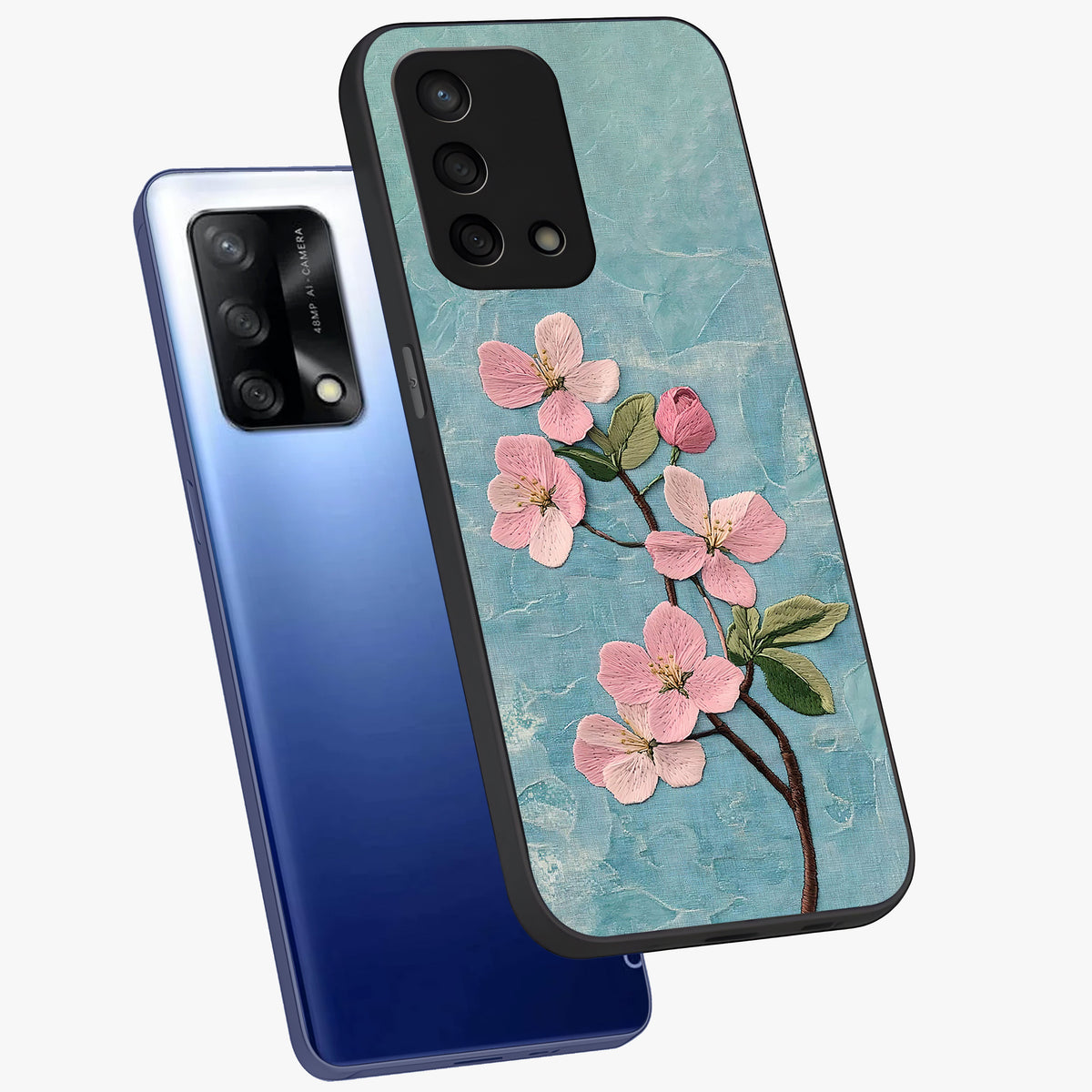 Threaded Blossom Breeze Glass Case displayed in angled mockup highlighting elegant floral design with soft aesthetic style.
