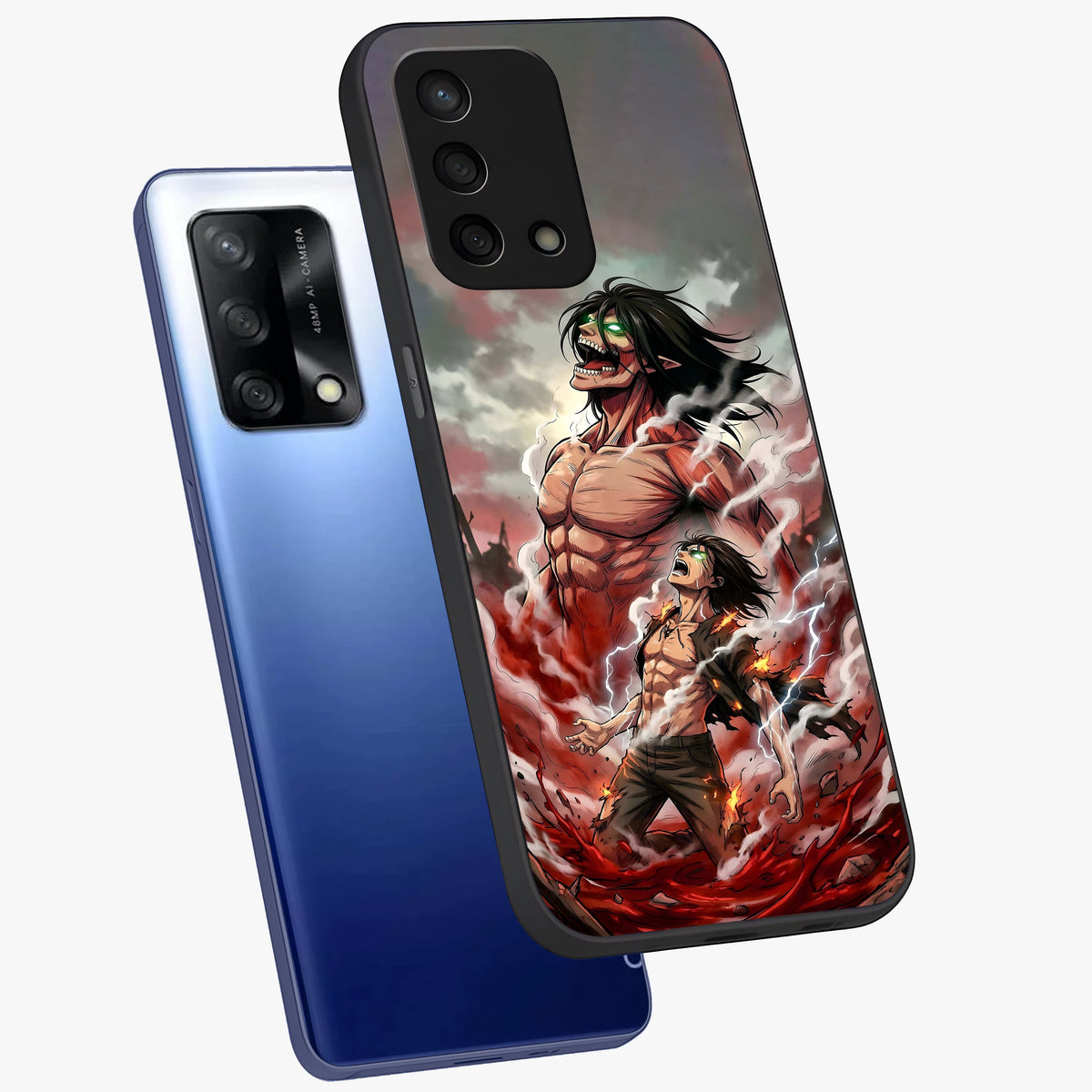 Titan Awakening Fury Glass Case displayed in angled mockup highlighting dramatic giant warrior design with bold anime aesthetic.