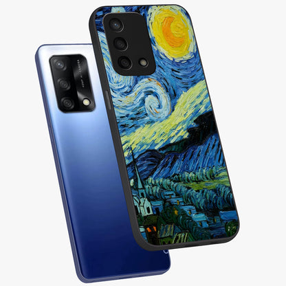 Van Gogh Art Glass Case displayed in angled mockup highlighting swirling brushstroke design with artistic aesthetic.