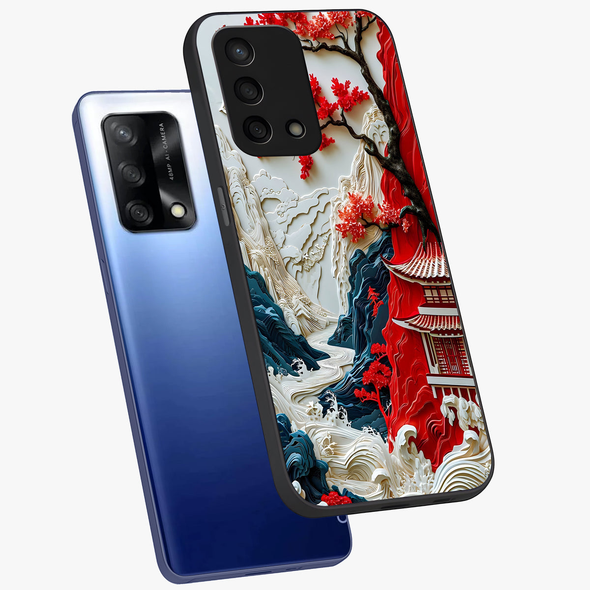 Whispers Of Sakura Waves Glass Case displayed in angled mockup highlighting flowing sakura design with soft floral aesthetic.