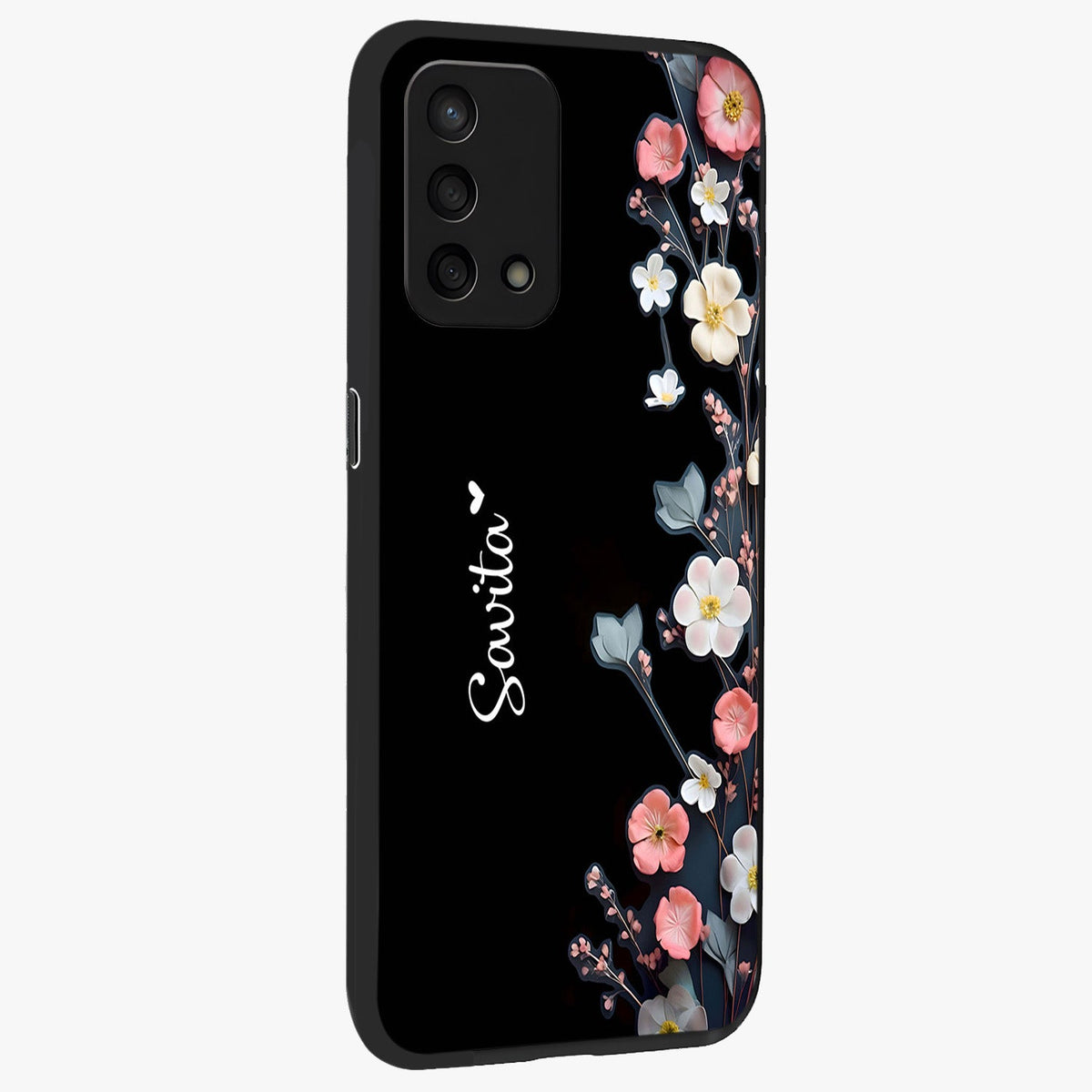 Black Elegance Floral Custom Name Glass Case upright view showcasing luxurious black floral design with personalized name detail.