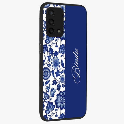 Blue Vintage Floral Pattern Glass Case upright view showcasing delicate blush floral texture with modern minimal style.