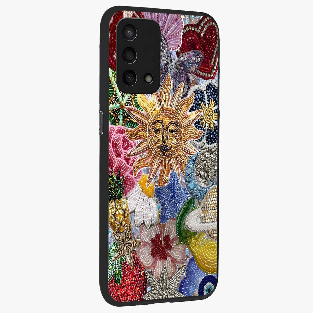 Celestial Floral and Playful Glass Case upright view showcasing whimsical floral artwork with cosmic aesthetic theme.